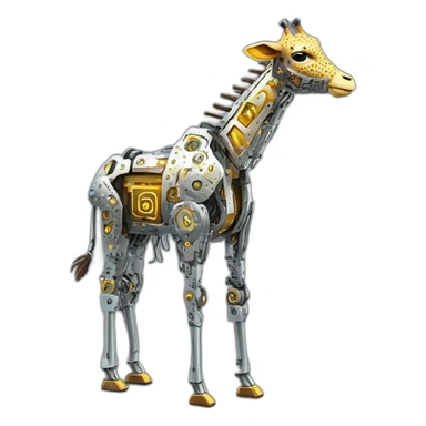 Una girafa robotica con patrones de circuitos brillantes en su piel, piernas con juntas móviles y piezas de metal relucientes sticker