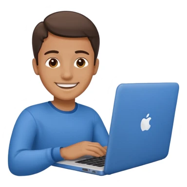 a person smiling while work on a blue laptop sticker