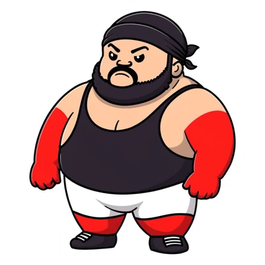 White skin fat guy with black durag, black beard, and black eyes in a red and black wrestling singlet sticker