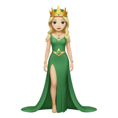 Queen, crown, blonde hair, green eyes, long green tight dress, Leg slit, whole Body, sticker