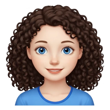 girl with dark brown curly hair, pale skin, blue eyes, some freckles, smiling sticker