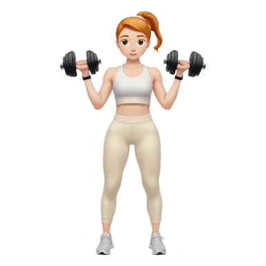 Ginger gym girl low bun hairstyle standing sideways with dumbbells and cream athleisure pants clothes sticker
