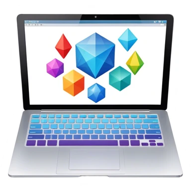 Professional icon for Graphic Design: a laptop with Photoshop open on the screen, displaying geometric shapes like spheres, cubes, and pyramids, along with a stylus. The icon should reflect the creative process in graphic design. Transparent background. sticker