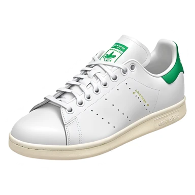 Classic white Adidas Stan Smith sneakers with green heel tab and Adidas logo, three perforated stripes on sides sticker