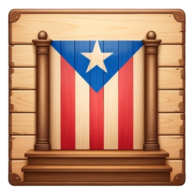 Timeless book icon with Puerto Rican flag design, wooden theater stage symbol, warm parchment and wood textures, gentle luminous aura, representing the history of Puerto Rican scenic design legacy sticker