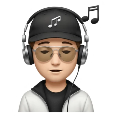 dj man white with baseball cap - rayban Sun Glasses 80s - brown hair - closed eyes with headphones on with musical note over head (listening to music ) - eyes closed no glasses - black hat  musical notes floating around head -  sticker