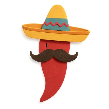 paper craft style red chile pepper with a sombrero and a Mexican moustache sticker