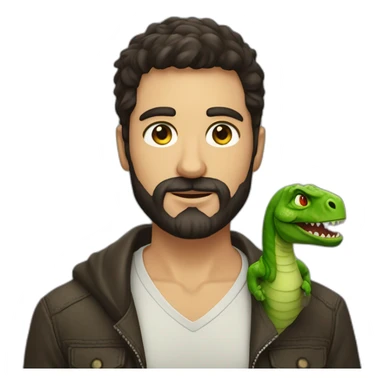 nice man green eyes, dark hair and barbe holding a dinosaur sticker