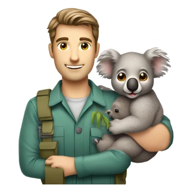 Caucasian brown hair male zookeeper holding cute koala sticker