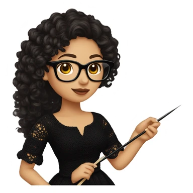 Hispanic woman with black glasses long dark brown curly hair holding crochet needle with yarn wearing a black dress sticker