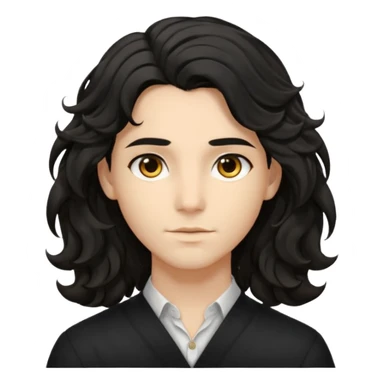 his avatar has shoulder-length black wavy hair with loose curls framing the face, and a long, pointed face with golden-brown eyes and a calm, neutral expression. sticker