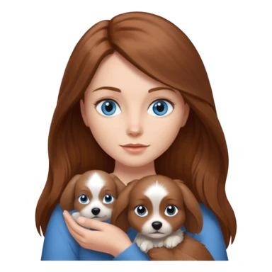 long hair chestnut color blue eyes woman holding small grey dog sticker