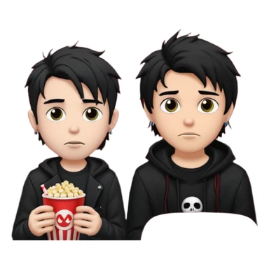 pale Goth boy with a bunch of face piercings, with shaggy dark brown hair, next to a tan skin gamer boy with long black hair , they are watching a movie in the theater together  sticker