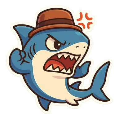 mad shark wearing a hat, expressive, dynamic pose, chibi stickers style, vibrant colors, energetic sticker