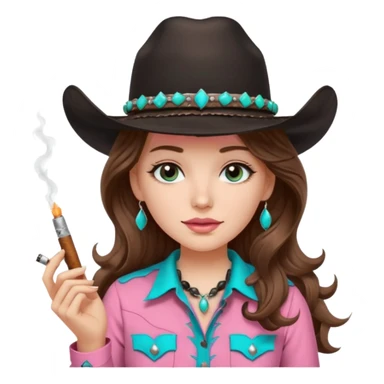 White girl, black cowboy hate with turquoise hat band sparkling, long brown wavy hair, pink western shirt, smoking a joint sticker