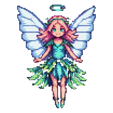 pixel art fairy with translucent wings, flying, whimsical sticker