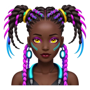 Cyberpunk African woman with futuristic braids, neon glowing accessories, tech implants, and vibrant colors sticker