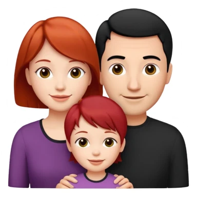 a family of three, all three white: the mother with short red hair, the father with black hair, and the daughter with black hair girl sticker
