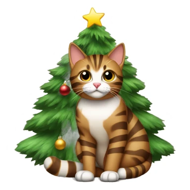Brown striped cat sitting Christmas tree  sticker