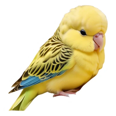 Meme-Worthy Cute Sleeping Yellow Budgie Portrait Emoji, Head resting peacefully with a contented smile, showcasing a petite, delicate build and a luxuriously soft yellow feathered fur, eyes shut in a serene nap, Simplified yet hilariously adorable features, highly detailed, glowing with a soft, drowsy light, high shine, relaxed and utterly lovable, stylized with an air of playful laziness, bright and heartwarming, soft glowing outline, capturing the essence of a comically sleepy budgie, so meme-worthy it feels like it could instantly become the next viral sensation of adorable slumber! sticker