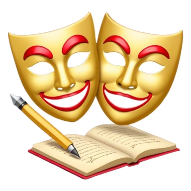 Create a bold and dramatic emoji representing the art of playwriting. The design should feature an open script or a theater playbook, with stylized text inside. Include elements like a theatrical comedy and tragedy masks, a stage spotlight, or a writting quill to symbolize creativity and performance. Use deep, contrasting colors like red, black, and gold to evoke the intensity and passion of drama. The overall design should feel dramatic, inspiring, and artistic. Make the background transparent. sticker