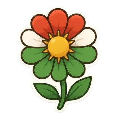 cartoon sticker of a flower with petals colored like the Kurdistan flag (red, white, green, and a yellow sun in the center), colorful and cheerful, no text, suitable for WhatsApp and Instagram, transparent background sticker