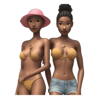 Fashion editorial style octane render, lush beach, stylized, two shot angle of a (naked Young Woman, skinny, fit, small breasts, bare belly, with mechanical sexy beach outfit. 1. 3) sticker