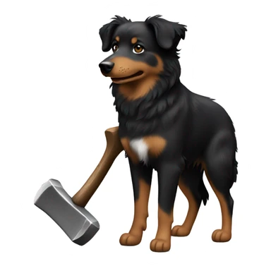 Small black australian shepherd dog building with hammer  sticker
