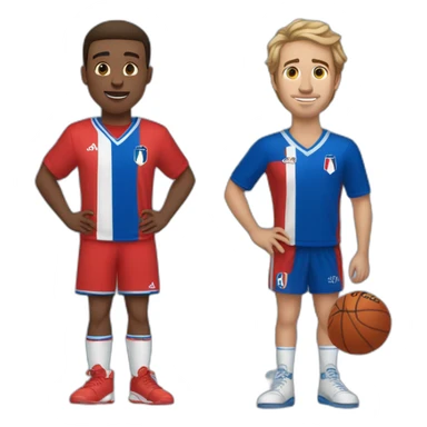 Two friends, a really tall one with short hair wearing a french blue jersey, and a shorter friend wearing a red moroccan jersey who got straight medium long hair sticker