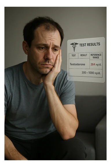 Un uomo caucasico di 35-45 anni, in CGI fotorealistico, che mostra i segni fisici ed emotivi di un basso livello di testosterone. aggiungere un referto medico semi-trasparente fluttuante accanto a lui, con valori di testosterone evidenziati in rosso. sticker