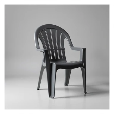 classic molded plastic lawn chair with arched top rail, five vertical back slats, rounded armrests, four tubular legs, floating above a smooth studio floor, minimalistic style, modern product photo style sticker