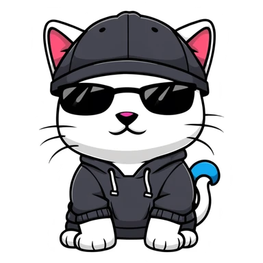 cat wearing a black snapback cap and black hoodie, with black sunglasses positioned low on his nose, looking directly at the viewer over the top of his sunglasses with a cool expression, doing graffiti with spray paint sticker