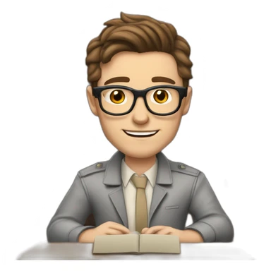 Pale skinned Fit Man With dark brown hair in gray jacket, beige office shirt, Brown pants and vintage glasses In the joke cap sitting In a soft chair with a notebook and a pen  sticker