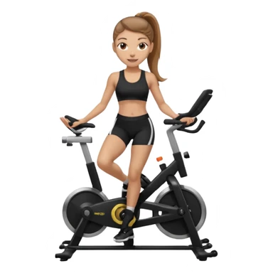 Light skin girl with long light brown hair in a pony tail, black workout set leaning on a indoor spin bike with NO HELMET,  sticker