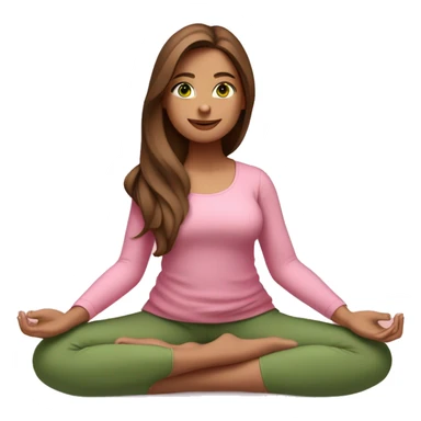 A girl with brown long hair, fair skin and green eyes is meditating in a relaxed lotus position in a comfortable pink top and pink leggings sticker