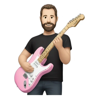 white man with dark beard and black t shirt and pastel pink stratocaster electric guitar sticker