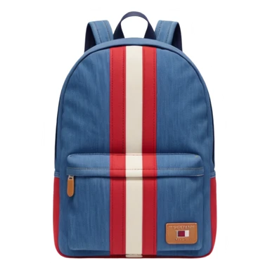 denim backpack with bold red, white, and navy vertical stripes, minimal and flat design, front view, inspired by Tommy Jeans style."
 sticker
