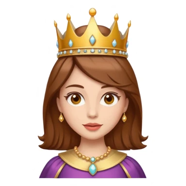 vull un perosnatge estil bimoji que sigui una figura radiante y serena. Se la describe como hermosa y deseable. Cabello castaño y labios carnosos y de un color meocoton, ojos color miel y una vestimenta digna de la realeza, sin olvidar su corona sticker
