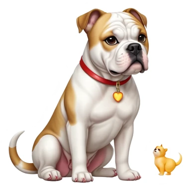 cinematic-[american bulldog]-realistic-full-body-sitting-emoji,-tail-resting-loosely-beside-its-paws,-head-tilted-dramatically,-sleek-[white]-fur,-simplified-yet-realistic-focused-features,-highly-detailed,-glowing-with-an-almost-sarcastic-glow sticker