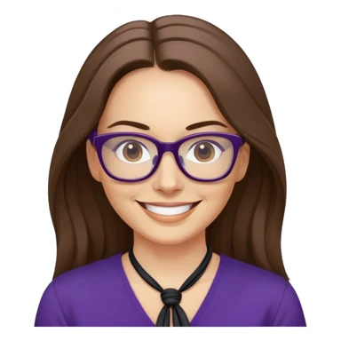 nữ 40 tuổi, da trắng, tóc dài được buộc gọn gàng màu nâu, mặt cười tươi vui vẻ, đeo kính màu đen, áo tím đậm sticker