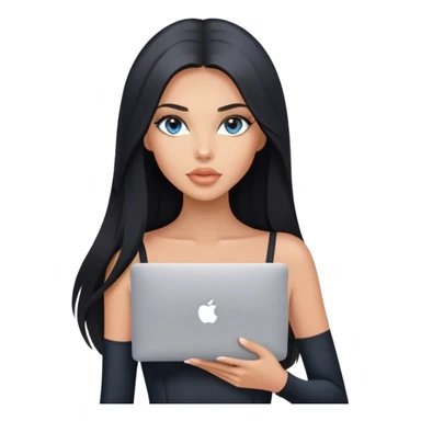 Glamours tanned very beautiful girl with pump peach nude lips and black straight smooth long hair, blue-grey eyes in black bodysuit with MacBook sticker