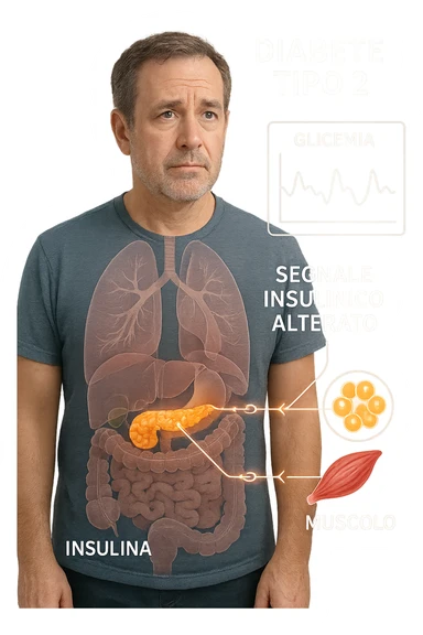 a middle-aged man stands in a clinical setting, with a semi-transparent overlay showing his internal organs. His pancreas is highlighted, and glowing lines or icons indicate disrupted insulin signaling between the pancreas and muscle or fat cells. The man’s expression is slightly concerned, and a digital chart beside him displays fluctuating blood sugar levels. The lighting is realistic, with a clean, modern medical background. scritte in italiano sticker
