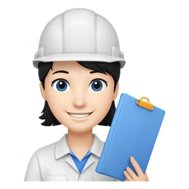 engineer wearing white polo touch of white holding blue print, black hair with headgear sticker