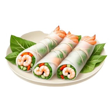 Cinematic Realistic Vietnamese Summer Rolls Dish Emoji, depicted with delicate rice paper wraps filled with fresh vegetables and shrimp rendered with crisp textures and refreshing lighting. sticker