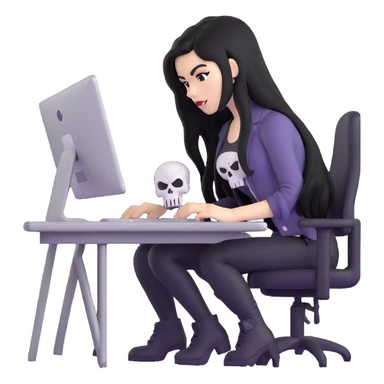female Punisher skull character with long black hair working on computer sticker