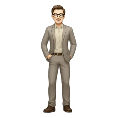 Joyful Full height Pale skinned Fit Man With dark brown hair in gray jacket, beige office shirt, Brown pants and vintage glasses. His thrumbs up sticker