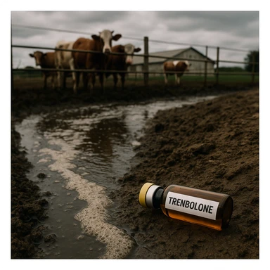 realistic image showing wastewater from a cattle farm with a vial or label 'Trenbolone' visible near the water, rural environment, serious atmosphere, realistic details sticker