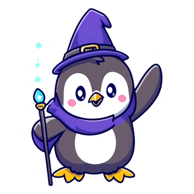 Cute penguin wizard casting spell with sparkling magic sticker