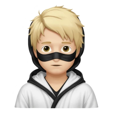 Create a blond boy with long, messy hair, light eyes, a white t-shirt, rich, with long hair, blue eyes, medium-length, voluminous hair, wearing a black Nike bathrobe and a little blush near his nose. and with a balaclava, type bandit balaclava covering the whole face[ sticker