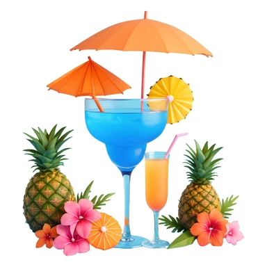 blue tropical cocktail with hibiscus, pineapple, and tiny pastel paper umbrella garnishes sticker